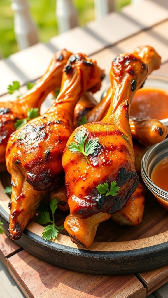 Grilled chicken drumsticks on a wooden platter, garnished with herbs and served with dipping sauce.